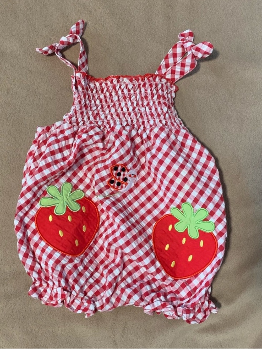 Red & White Gingham Strawberry Baby Romper